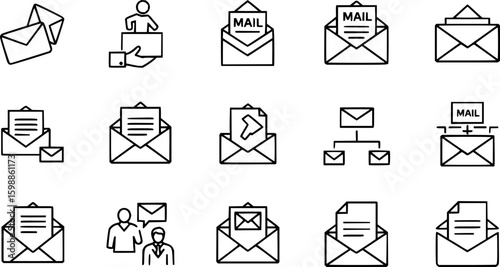 Mail thin line icon set. email, E-mail, and envelope icon. Containing send, receive, read, inbox, message, and buttons symbol for app and website. Vector illustration