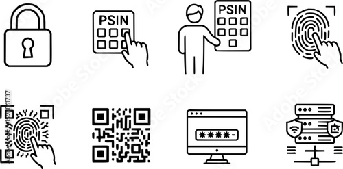 Secret code access thin line icon set. Containing fingerprint, scan barcode or QR scanner, pattern, coding, cyber security pin technology, password, face lock or ID, padlock, error, and hacker vector