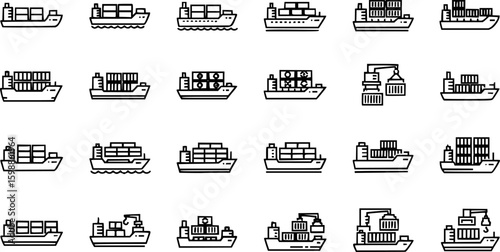 Delivery container ship thin line icon set. Containing shipping storage, cargo crane, freight, truck, and dockyard. Vector illustration