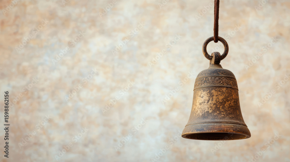 Obraz premium A rustic, antique metal bell hanging by a rope against a textured, weathered beige wall.