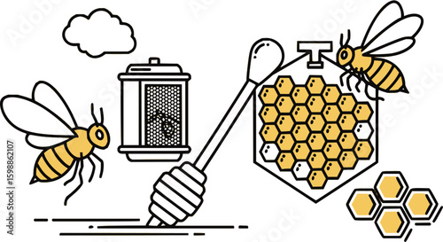 Honey and beekeeping line, flat, and color icons vector set with editable stroke. Bee, beehive, honeycomb, honey, hive, jar, spoons, flower icons collection on white background. Vector illustration