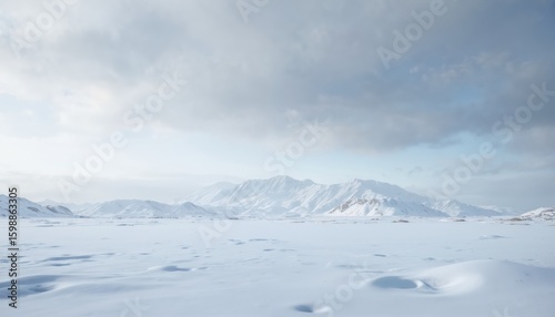 Expansive snow-covered landscape with majestic mountains under cloudy sky. Serene winter scene evokes feelings of tranquility, wilderness exploration. Vast, pure, untouched environment perfect for