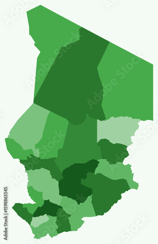 Map of Chad with regions. Just a simple country border map with region division. Green color palette. Flat Republic of Chad shape with administrative division. Vector illustration.
