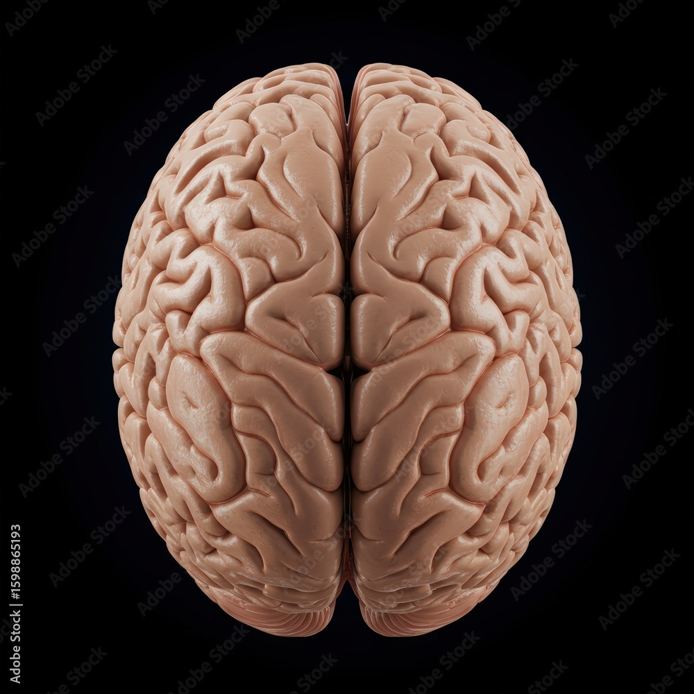 Naklejka premium Overhead view of a human brain, showcasing its intricate surface and structure against a black background.