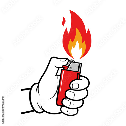 Cartoon illustration of a hand holding and igniting a red lighter, producing a bright flame.