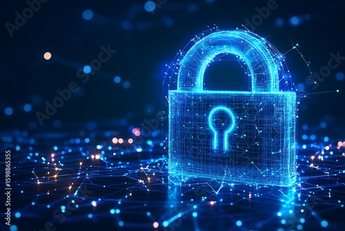 Digital Lock Protecting Data Network with Glowing Blue Cyber Security