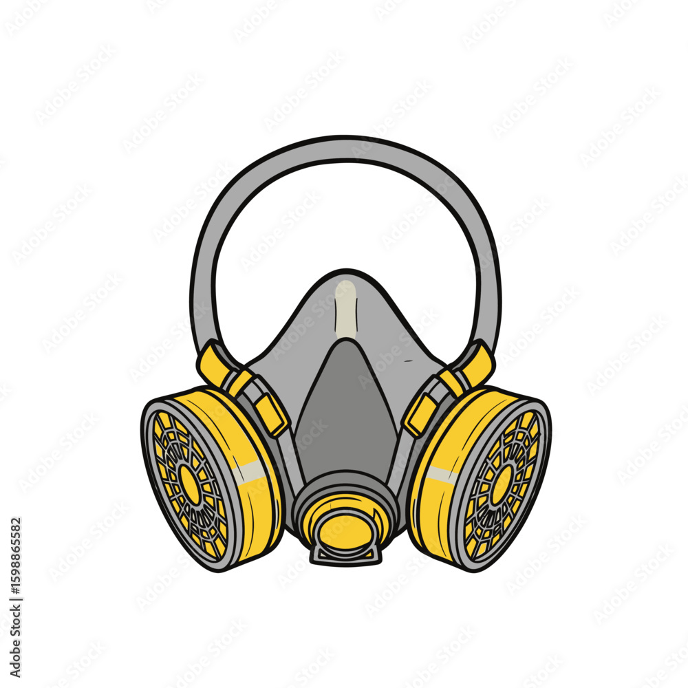 Illustration of a gray respirator mask with yellow cartridges and straps, isolated on a white background. Illustration of a gray respirator mask with yellow cartridges and straps, isolated on a white background.