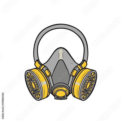 Illustration of a gray respirator mask with yellow cartridges and straps, isolated on a white background.