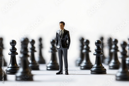 Business strategy concept with businessman figurine standing out among chess pawns