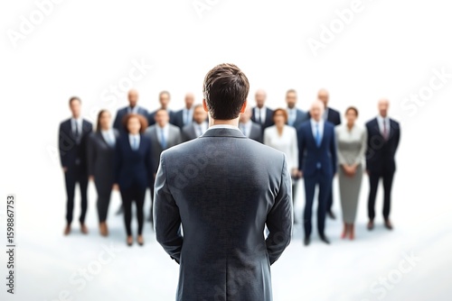 Business leadership concept of a confident manager with employees, team unity and strategy