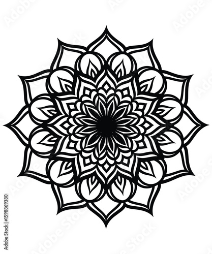 Intricate black and white mandala design with radial symmetry