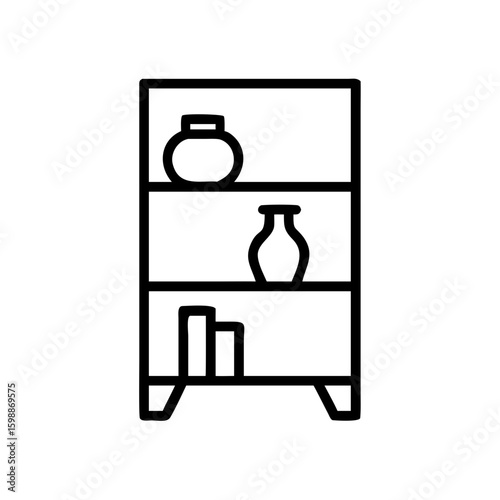 Outline drawing of a shelf with vases and books displayed on each of the three shelves nicely arranged