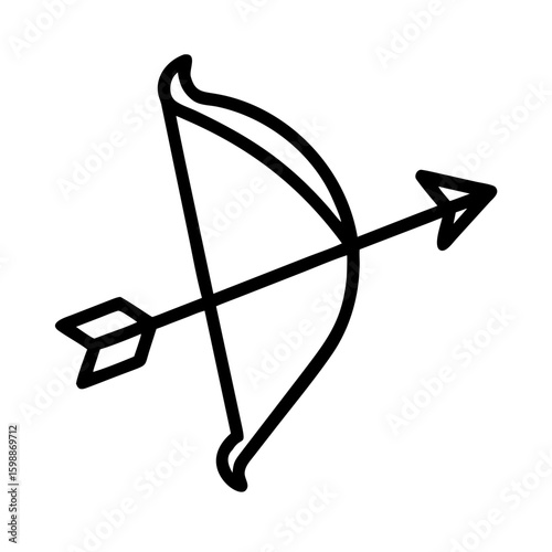 Simple graphic of a bow with an arrow ready to be released in black outline style design element