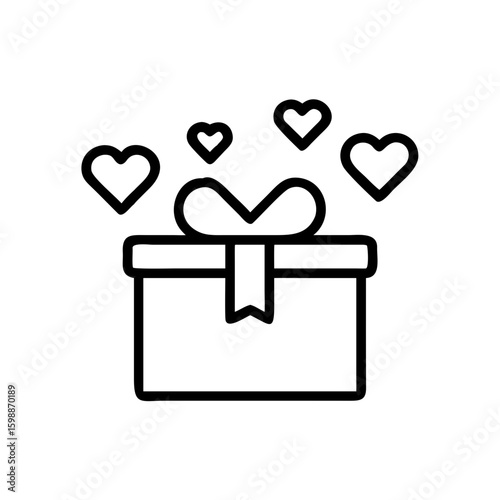 A present with a ribbon and hearts floating above it, outlined in black on a white background design