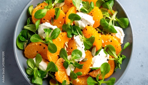Fresh salad bowl with sliced mandarins and creamy cheese