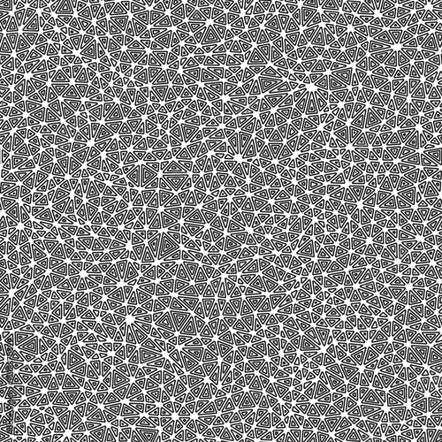 Abstract background with mosaic triangle shapes. Small triangles size. Multiple repeated inner triangles. Black and white style. Repeatable pattern. Creative vector tiles.