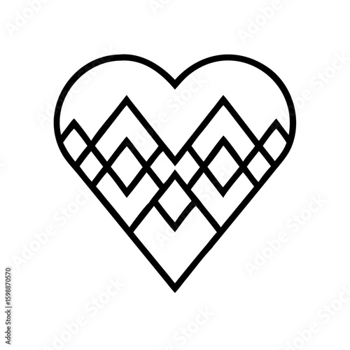 Heart shape containing geometric diamond pattern with mountain peak designs inside the shape outline