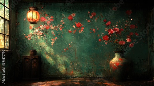 Serene Asian Interior: A Digital Painting of Tranquility