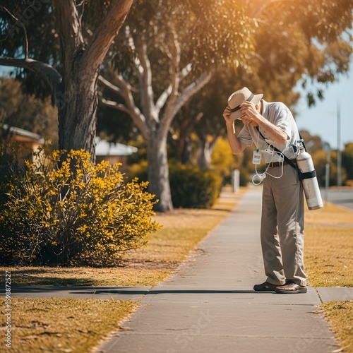 Senior man walking with oxygen tank on street