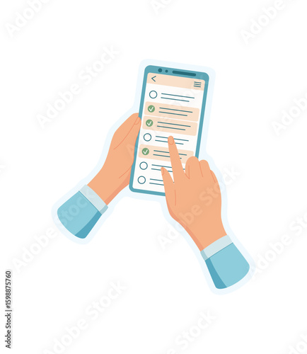 Sticker of hand holding phone. Mobile phone held by a users hand. Digital app shown on the smartphone screen, graphic style, suitable for social media, online business, and communication.