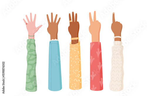 Cartoon hands showing numbers with creative gestures set. Fingers in set, illustrating counting with diverse arm poses. Ideal for educational purposes and flat style school designs.