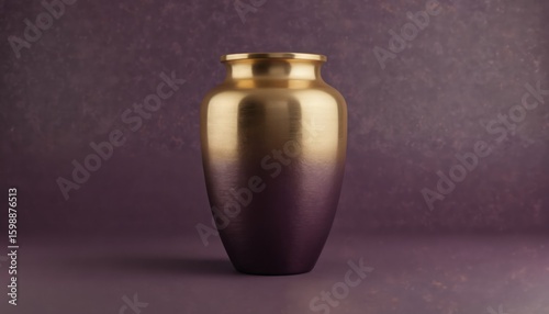 Elegant golden cremation urn with purple gradient. Metal urn features brushed finish, wide opening, smooth curves. Simple, dignified vessel for ashes. Memorial keepsake for loved ones. Funeral