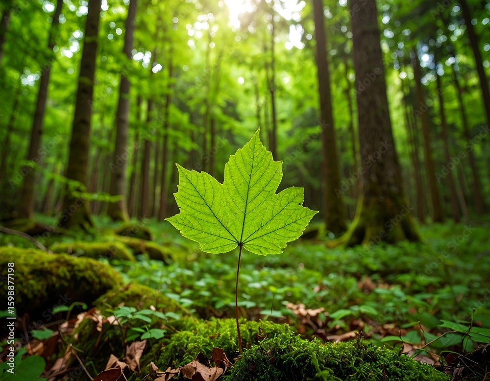 Fototapeta premium Lush forest floor with single vibrant leaf