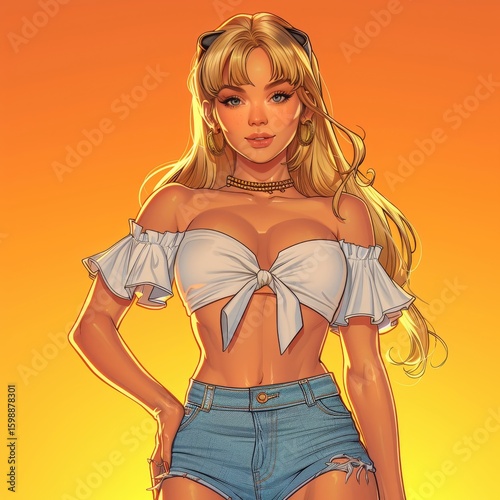 A young woman with flowing blonde hair relaxes against a bright orange backdrop. She wears a cropped white shirt and denim shorts embodying a playful and confident summer vibe.