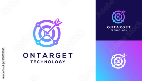 Arrow right on target with circle dot connection technology logo design inspirations.