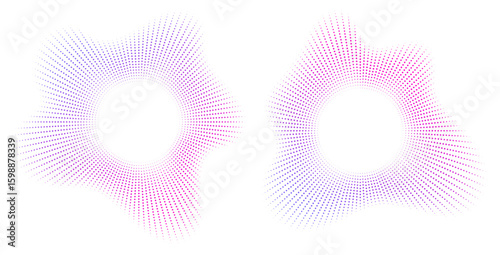 Sound equalizer icons with lines and dots, gradient neon circular sound wave frames, abstract radial music icons. Audio beat symbol concept isolated on white. Vector illustration.