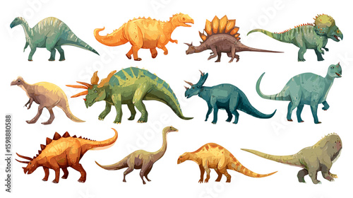 Collection of various dinosaurs including stegosaurus triceratops and brachiosaurus in watercolor style art on transparent background