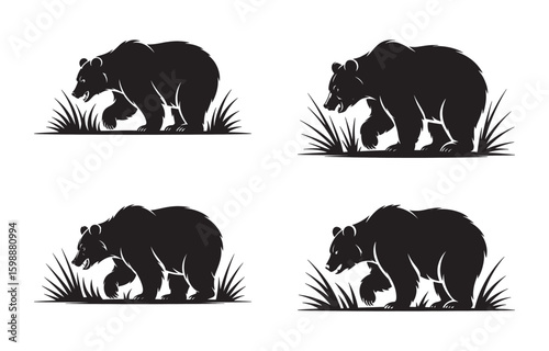 Silhouette of a grizzly bear walking through grass in a monochromatic artistic illustration