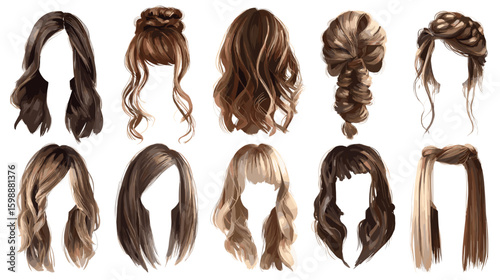 Collection of ten different hairstyles with varying lengths colors and arrangements on a white background on transparent background