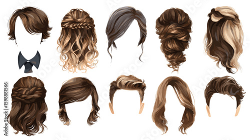 Illustrative collection showcasing various elegant and stylish women's hairstyles and hair accessories on transparent background