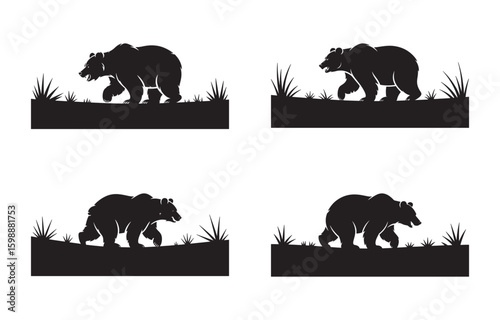 Silhouette set of four grizzly bears walking through grassland or meadow scenery