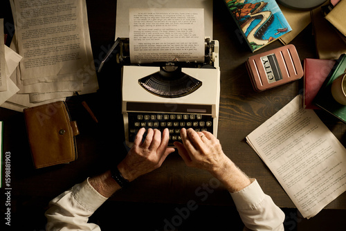 Senior Caucasian man typing on vintage typewriter surrounded by scattered manuscript pages, books, and leather folder, hands visible pressing keys, creating literary work