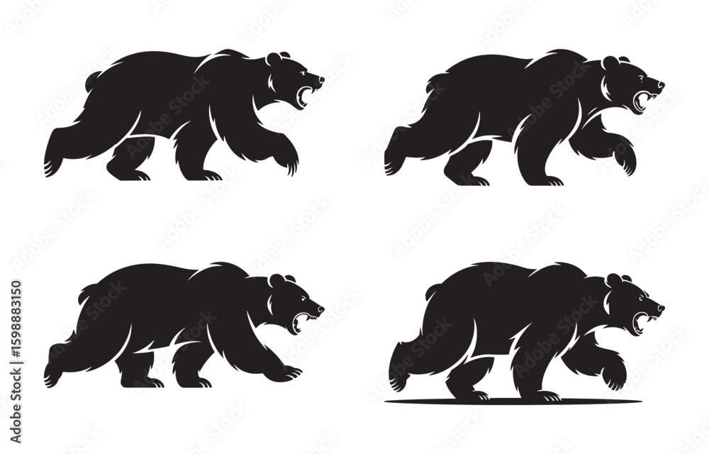 Naklejka premium Black bear silhouettes in action demonstrating power and strength on a white background