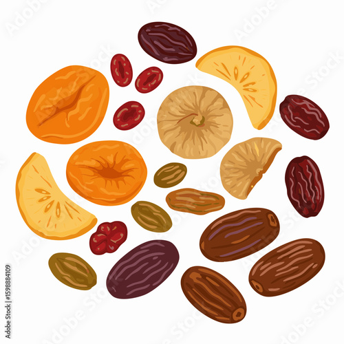 Vector illustration of dried fruits mix healthy style on white background, snack option