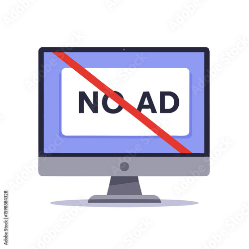 Vector illustration of monitor with no ad sign on white background, adblock concept