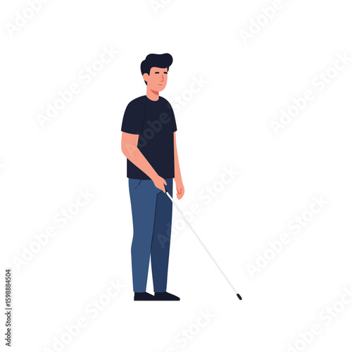 Vector illustration of person with white cane symbol on white background, accessibility icon