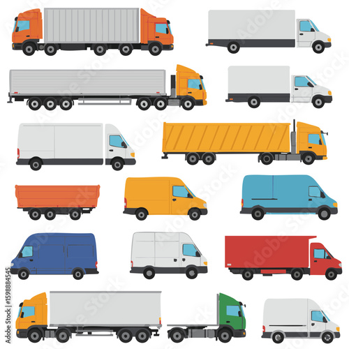 Trucks in a flat design style in various colors representing transportation and logistics
