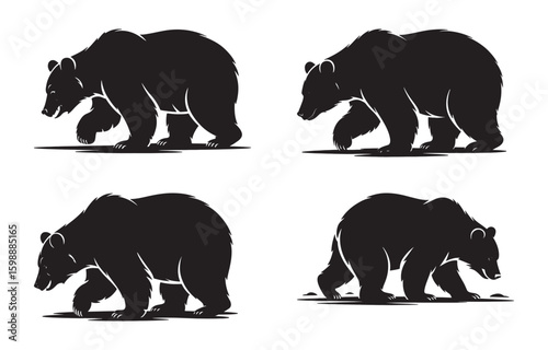 Black silhouette illustrations of grizzly bears walking in various poses for wildlife concepts