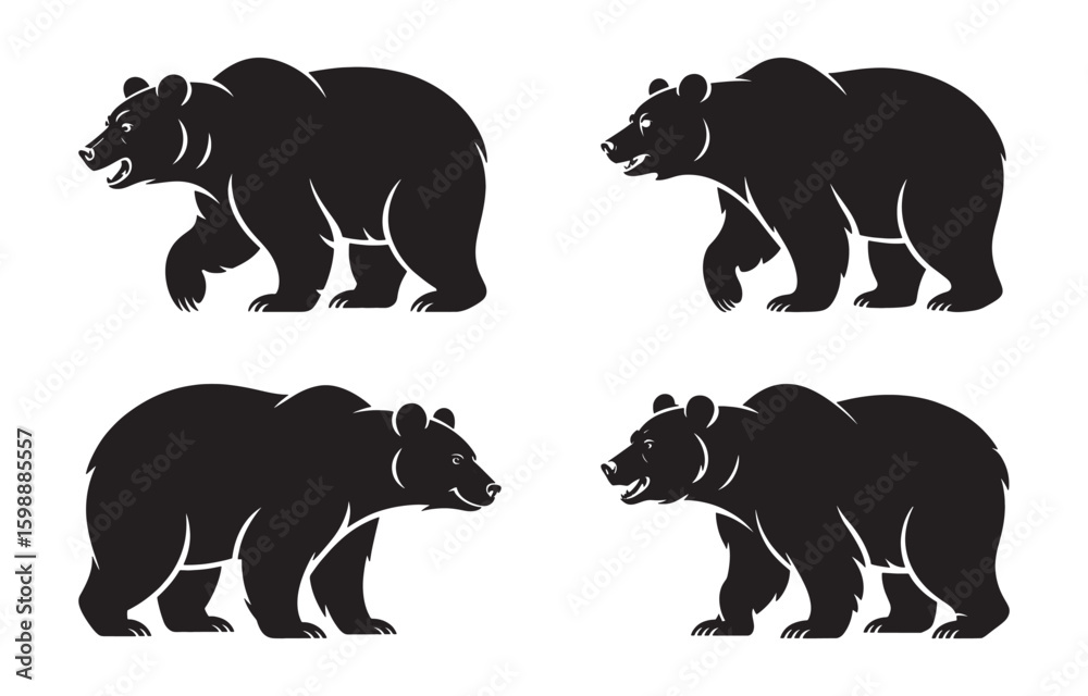 Fototapeta premium Four black bear silhouette illustrations depicting walking bears for wildlife and hunting concepts