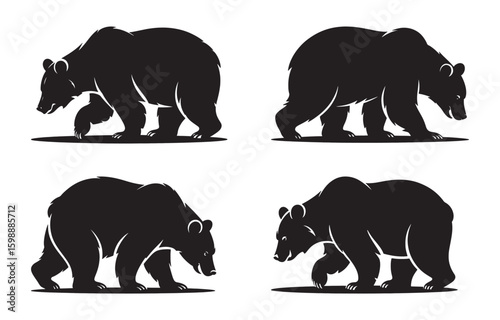 Four black bear silhouettes in different poses representing strength and wildlife hunting