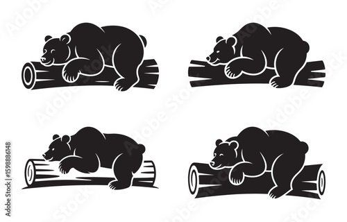 Four stylized black bear illustrations resting on a log perfect for hunting and outdoor designs