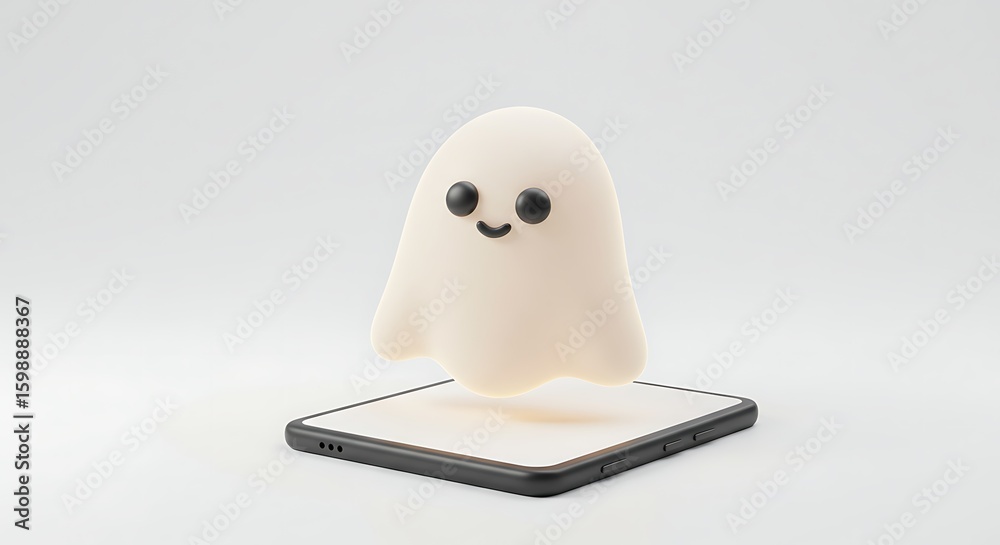 Fototapeta premium Augmented reality ghost emerging from smartphone – white background