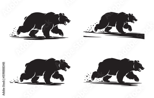 Silhouette illustrations of a running bear with fierce expression ideal for hunting design elements.