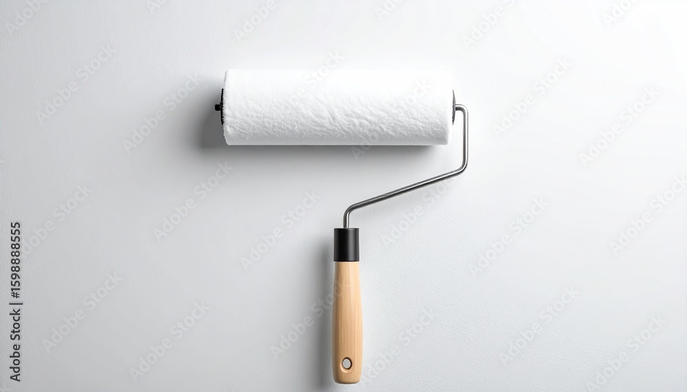 Obraz premium Paint roller against a white wall: tools for painting and home improvement.