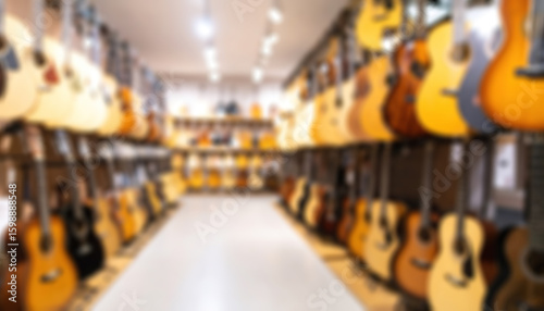 Blurred acoustic guitars displayed in a store ready to be purchased by players.