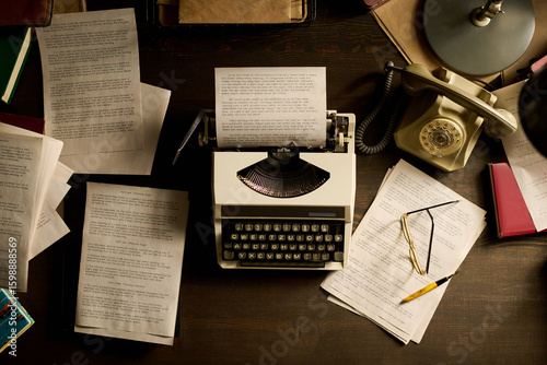 Canvastavla Vintage typewriter sitting on wooden desk surrounded by scattered typed manuscri